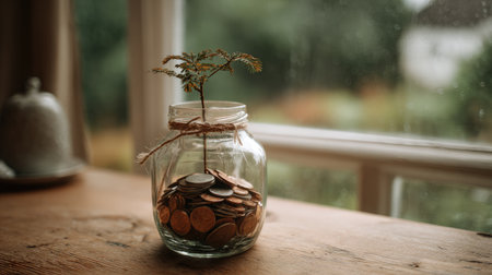 A clear glass jar filled with coins hosts a budding green plant, representing financial growth and ecological responsibility, perfect for home decor.の素材