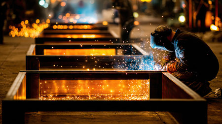 A skilled welder works under dim light, creating bright sparks as metal structures are joined together, showcasing the beauty of industrial craftsmanship.の素材