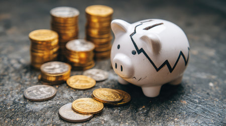 This image features a piggy bank marked with a downward trend against a backdrop of scattered coins, symbolizing financial challenges and savings.の素材
