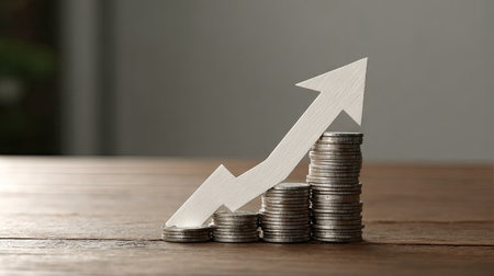 This image portrays a visual representation of financial growth, featuring stacked coins and an upward arrow on a wooden surface, symbolizing economic progress.の素材