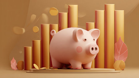 This captivating graphic showcases a cute piggy bank positioned in front of stylized golden bars and artistic leaves. Ideal for themes around savings, financial growth, and modern money management concepts.の素材