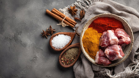 A vibrant arrangement of fresh raw meat and an array of spices on a rustic kitchen surface. Ideal for culinary themes and food preparation.の素材