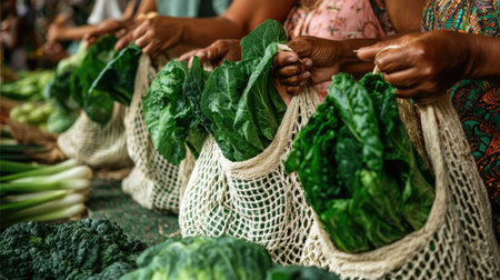 A vibrant scene of women at a local market holding eco-friendly bags filled with fresh green vegetables, emphasizing sustainability and healthy living.の素材