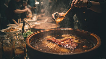 A talented chef skillfully pours a rich sauce over succulent meat in a lively kitchen, creating a mouthwatering dish filled with flavors and aromas.の素材