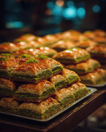 A vibrant display of baklava pastries showcases crunchy layers of filo filled with nuts and drenched in syrup, perfect for sweet lovers.の素材
