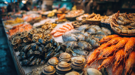 A vibrant display of fresh seafood at a bustling market showcasing a variety of shrimp, crabs, oysters, and shellfish arranged on ice.の素材