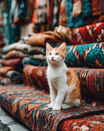 A charming ginger and white kitten sits gracefully atop vibrant patterned rugs in a market setting, inviting warmth and a cozy atmosphere.の素材