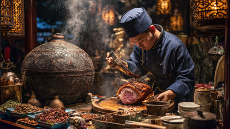 A skilled chef meticulously prepares a flavorful roasted meat dish in a bustling market, accentuated by aromatic spices and an inviting ambiance.の素材