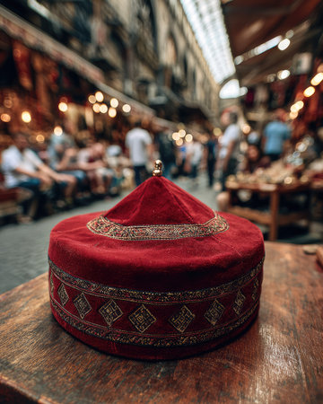 A striking traditional red hat stands prominently in a bustling market, showcasing exquisite craftsmanship and vibrant colors amidst a lively atmosphere filled with visitors and local artisans.の素材