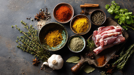This captivating overhead shot showcases an array of vibrant spices and fresh meat on a rustic surface, perfect for culinary inspiration and food styling.の素材