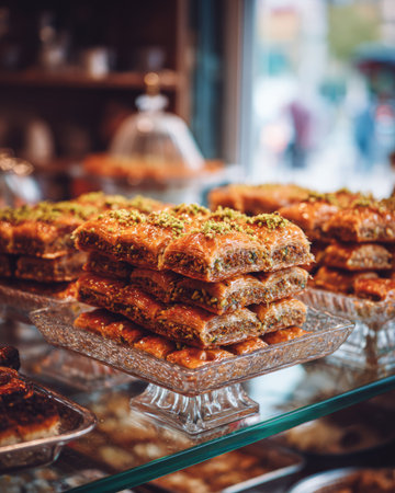 A beautiful display of baklava showcasing rich layers of pastry, honey, and pistachios, perfect for capturing the essence of traditional dessert culture.の素材