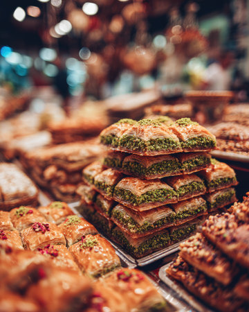 A captivating view of assorted baklava pastries arranged beautifully in a vibrant market setting, showcasing rich flavors and colorful textures.の素材
