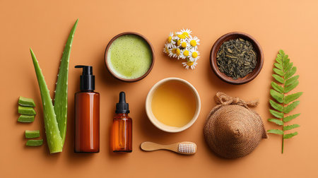 A variety of natural skincare products, herbal ingredients, and accessories arranged aesthetically on a warm beige background, emphasizing wellness and beauty themes.の素材