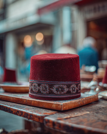 A striking red fez hat showcased on a wooden table, capturing the essence of traditional craftsmanship in a lively marketplace environment.の素材