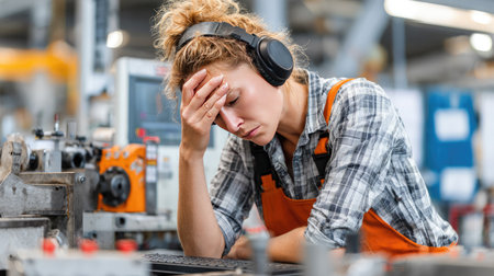 A young female worker shows visible signs of fatigue while addressing a task in a mechanical workshop. Her orange overalls and headphones emphasize the challenges of industrial labor.の素材