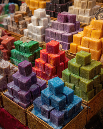 A captivating arrangement of colorful artisan soap cubes stacked in varying formations, showcasing a delightful spectrum of colors in a market setting.の素材