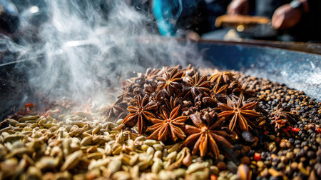 A vibrant close-up of aromatic spices like star anise and cardamom with steam rising, showcasing traditional cooking methods and rich culinary heritage.の素材