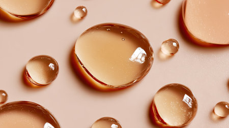 Explore the intricate details of elegant water drops resting on a soft surface, showcasing reflections and textures in warm tones. This image captures beauty and simplicity.の素材