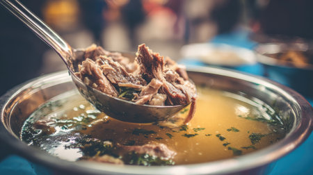 A vibrant capture of a steaming bowl of hot soup filled with tender meat and fresh herbs, showcasing the essence of outdoor cooking and culinary delight.の素材
