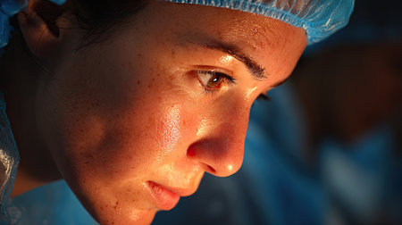 A focused female surgeon deeply concentrates on a medical procedure under bright surgical lights, showcasing dedication and precision in healthcare.の素材