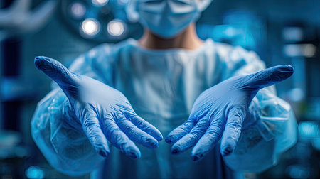 A focused medical professional wearing blue scrubs and gloves extends their hands in an operating room, symbolizing readiness and care.の素材