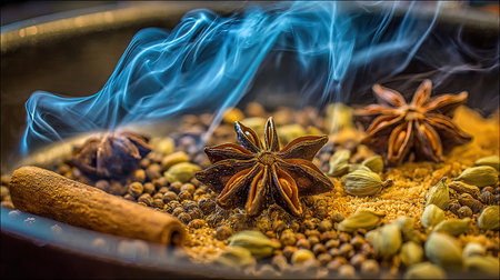 Closeup of aromatic spices featuring star anise, cinnamon, and coriander resting in a bowl with curling blue smoke, representing culinary creativity.の素材