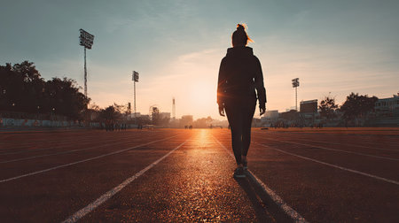 A woman jogs along an empty outdoor track at sunset, casting a striking silhouette against the warm colors of the sky, embodying motion and serenity.の素材