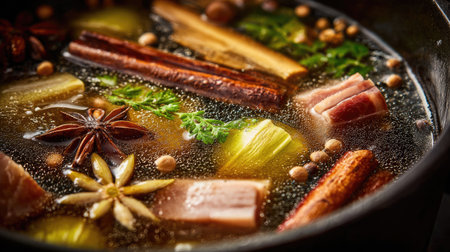 A vibrant close-up of a stock pot filled with fresh ingredients, showcasing simmering herbs and spices that create a rich and aromatic broth.の素材