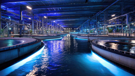 Captivating view of a modern water treatment facility featuring illuminated circular tanks and advanced technology, emphasizing environmental sustainability.の素材