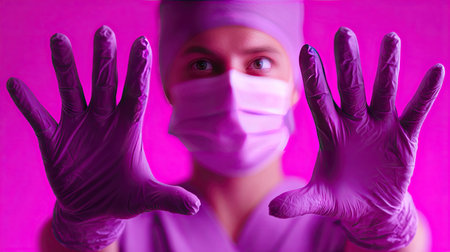 A focused medical professional, wearing a gloves and mask, reaches out with both hands in a vibrant pink light, showcasing dedication to healthcare practices.の素材