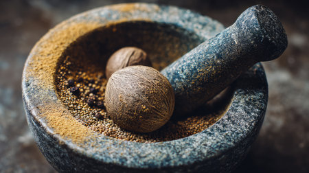 A rustic mortar and pestle set with whole spices resting on a textured surface. Ideal for culinary, food photography, and kitchen decor.の素材