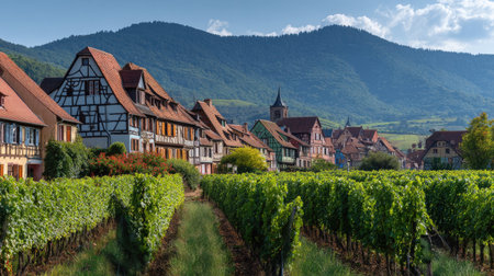 This picturesque scene captures the essence of Alsace, showcasing vineyards alongside quaint village houses with mountains in the background.の素材