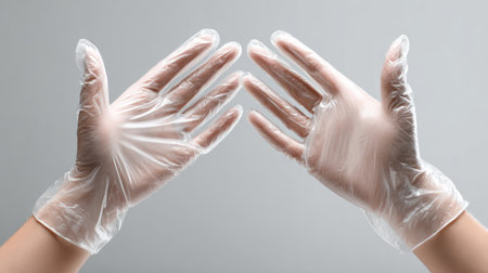 Two hands wearing transparent disposable gloves demonstrate the importance of hygiene and safety in various environments, emphasizing cleanliness and protection.の素材