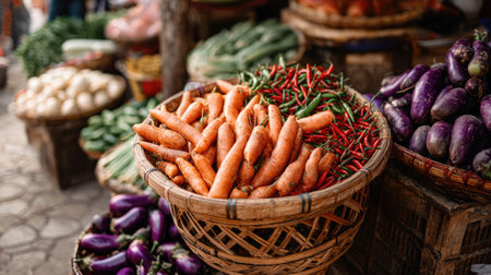 A vibrant display of fresh carrots and green chilies in a rustic basket, showcasing the lively atmosphere of a local market filled with organic produce.の素材