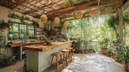 This serene rustic kitchen features a warm wooden counter, lush greenery, and ample natural light, creating a peaceful and inviting atmosphere. Perfect for home decor inspiration.の素材