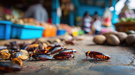 A vivid market scene showcasing cockroaches among fresh produce, highlighting the interplay of urban life and nature in a bustling setting.の素材