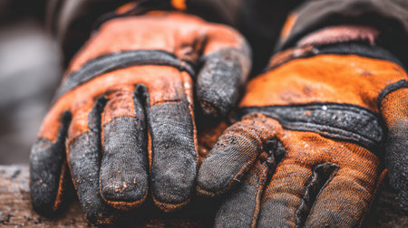 A pair of weathered and dirty work gloves rests on a log, showcasing the signs of extensive outdoor activity and manual labor. The glovesの素材