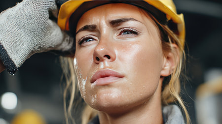 A determined female construction worker stands in an industrial setting, showcasing focus and strength with sweat glistening under her helmet.の素材