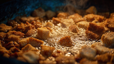This close-up image captures the process of frying golden brown food in bubbling oil, exuding warmth and deliciousness in a cozy kitchen setup.の素材