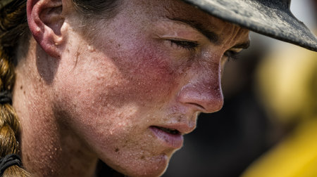 Close-up of a determined female worker showcasing sweat on her face, reflecting hard work and dedication in an outdoor environment.の素材