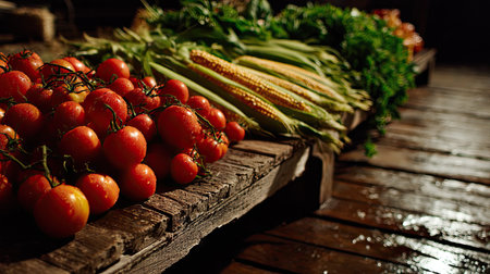 A stunning arrangement of fresh organic vegetables, including vibrant tomatoes and golden corn, displayed on a rustic wooden table, illuminated by natural light.の素材