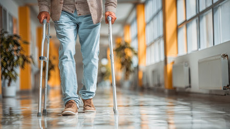 A man uses crutches while walking down a bright, spacious hallway in a rehabilitation center, symbolizing hope, determination, and the journey towards recovery.の素材