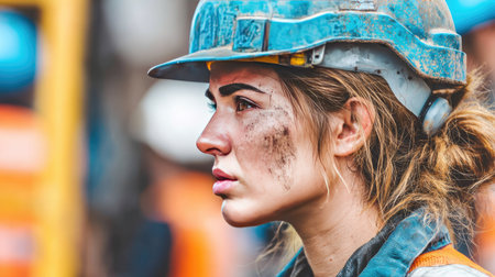 A determined female construction worker is seen in profile, wearing a safety helmet and showing grit with dirt on her face, representing hard work.の素材