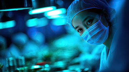 A focused medical professional wears a surgical mask and cap in a sterile environment, surrounded by blue lighting. The image represents dedication to patient care.の素材
