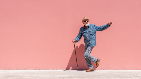 An elderly man joyfully dances with a cane against a bright pink wall. This vibrant scene captures the essence of happiness, style, and carefree living.の素材