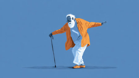 This artwork depicts an elderly man joyfully posing with a cane, wearing a vibrant orange coat that contrasts beautifully against a blue backdrop, symbolizing vitality.の素材