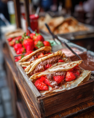 Enjoy this enticing image of freshly made crepes filled with luscious chocolate and ripe strawberries, perfect for any food lover at a local market festival.の素材