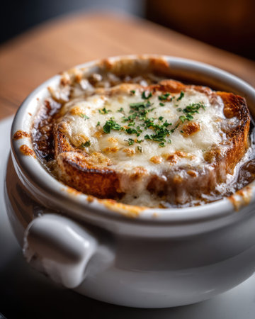 A steaming bowl of French onion soup topped with melted cheese and crusty bread, showcasing the rich flavors and comforting warmth of this classic dish.の素材