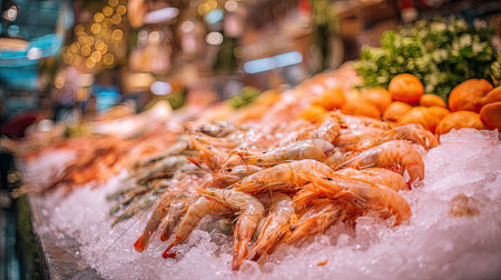A vibrant seafood market displays fresh shrimp on ice surrounded by colorful citrus fruits. The blurred background enhances the lively atmosphere, inviting seafood lovers.の素材