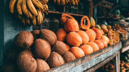 A vibrant collection of fresh tropical fruits is displayed at a market stall, featuring bananas, coconuts, and ripe papayas, showcasing natural beauty.の素材